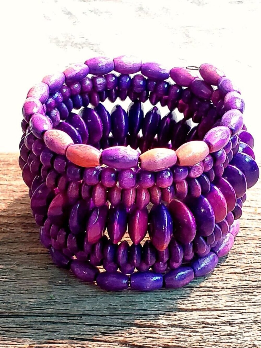 Vintage 90s Bali Sustainable Green Wood Beads Memory Wire Wrap Bracelet